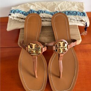 Tory Burch Miller Brown Leather Mini Logo Thong Sandal